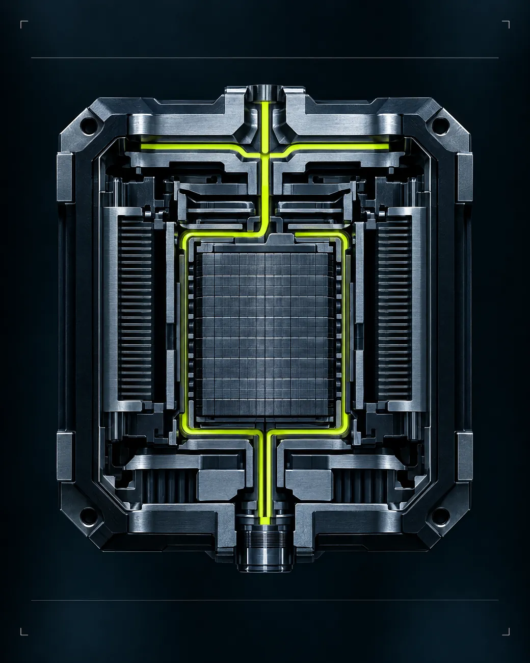 A compute module shown in cross-section, revealing its internal layers