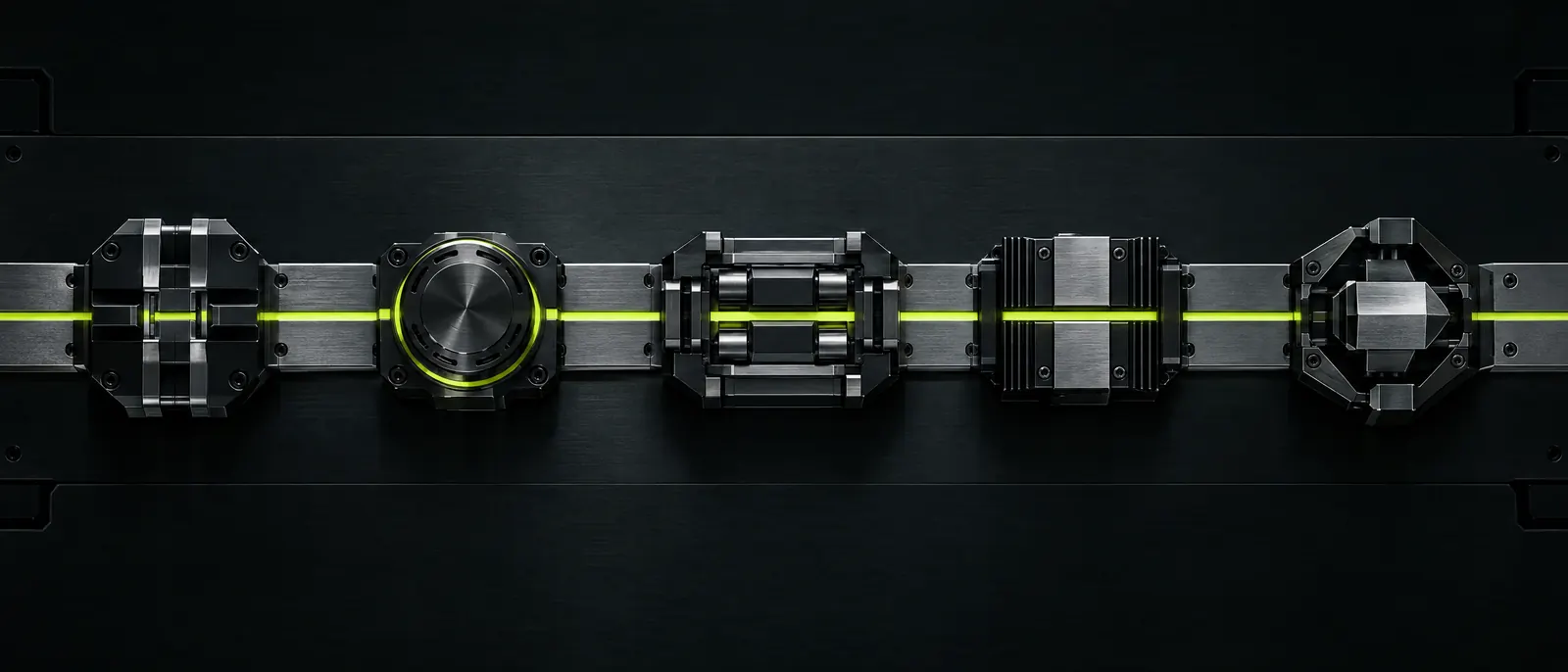 An overhead view of a machined process rail carrying five linked mechanisms