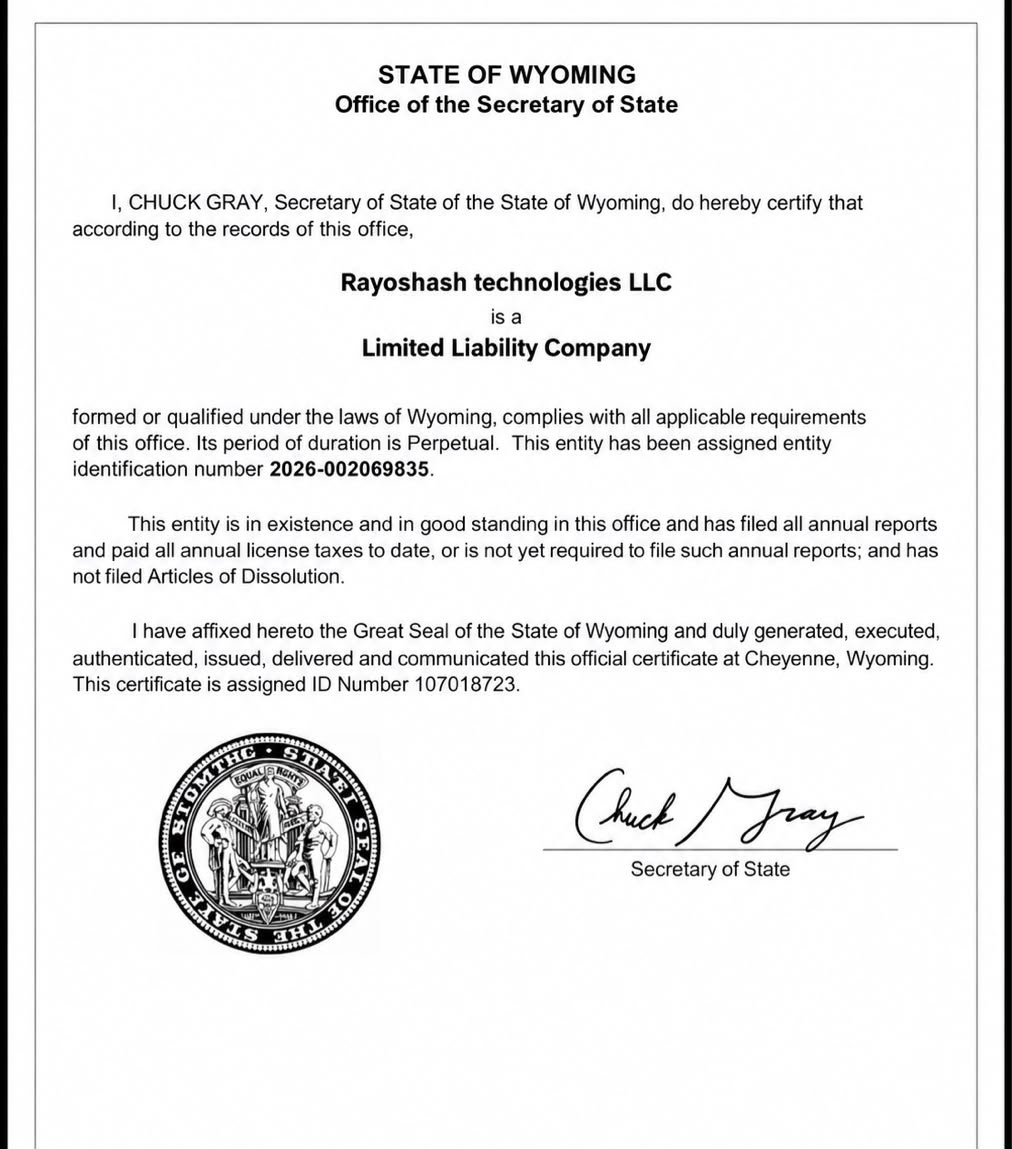 Certificate of good standing issued by the Wyoming Secretary of State for Rayohash Technologies LLC, bearing the Great Seal of the State of Wyoming and the Secretary of State's signature.